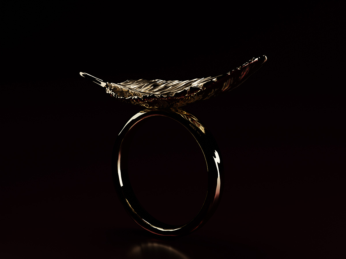 Rings with a Feather. Jewelry design and 3D Rendering. Sculpted jewellery.